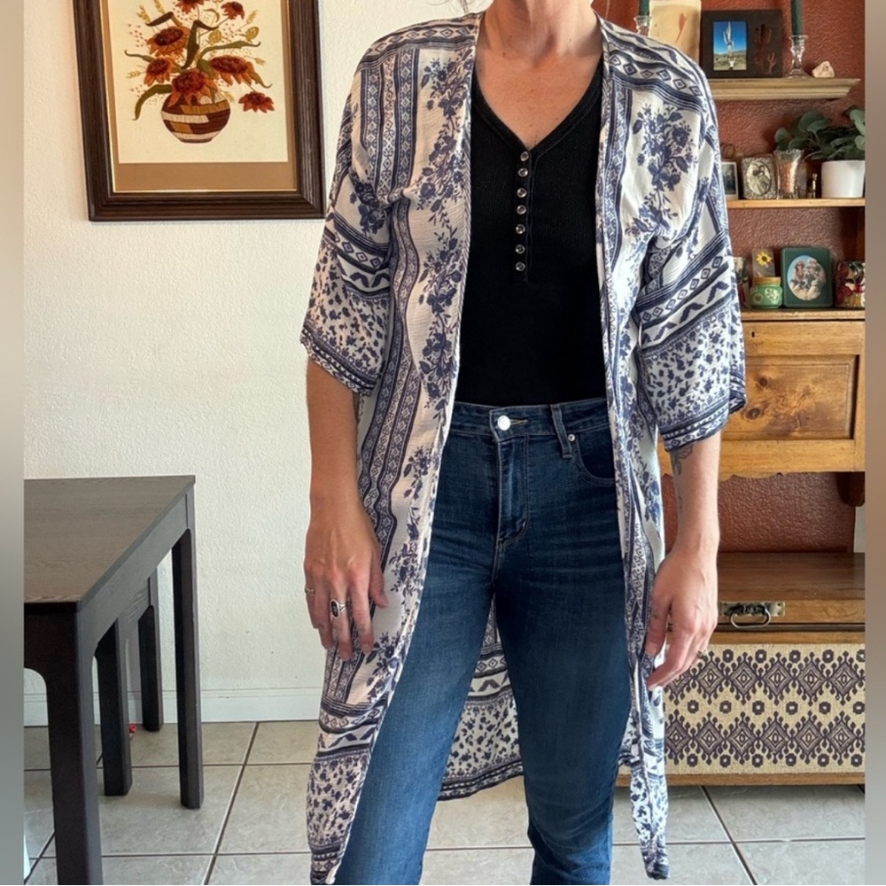 Blue and White Floral Kimono Cardigan